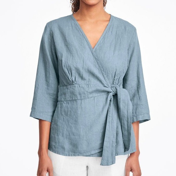 Flax Tops - FLAX Light Blue Linen Tie Wrap Secure Blouse